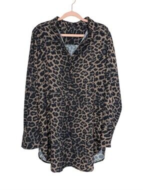 Leopard Print Long-Sleeve Tunic Blouse - Tan/Black By Comma Size 12